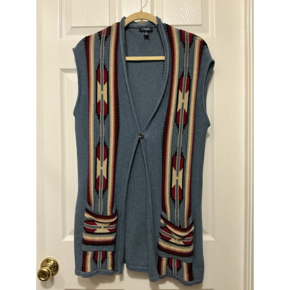 Chaps Long Knit Vest Women LG Southwest Aztec Pockets Open Front Western Sweater